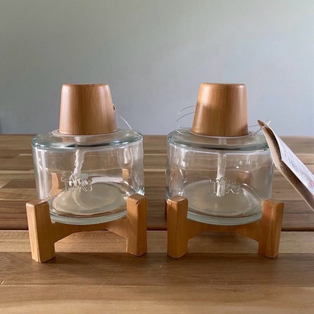 Clear Glass Oil Lamp Set with Natural Bamboo Tops and Stands